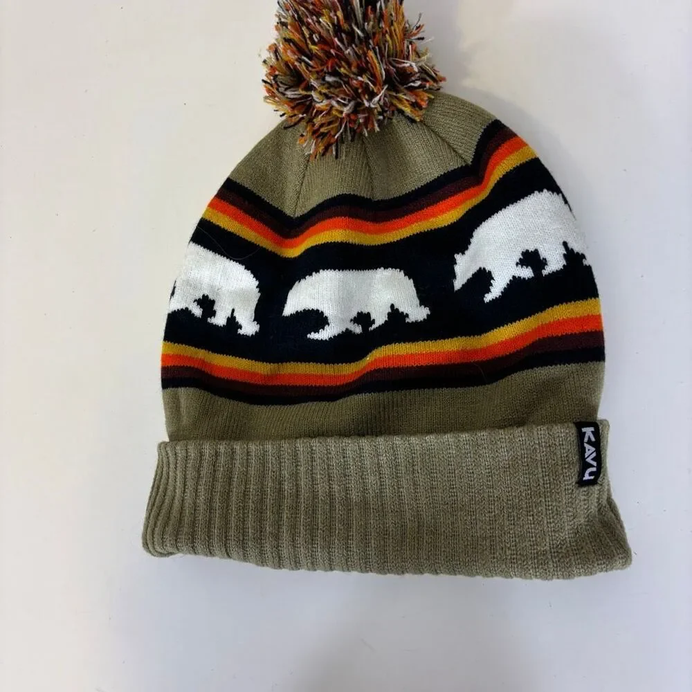 Kavu Light Brown with Bear Print Pom Pom Winter‎ Cuffed Hat Unisex